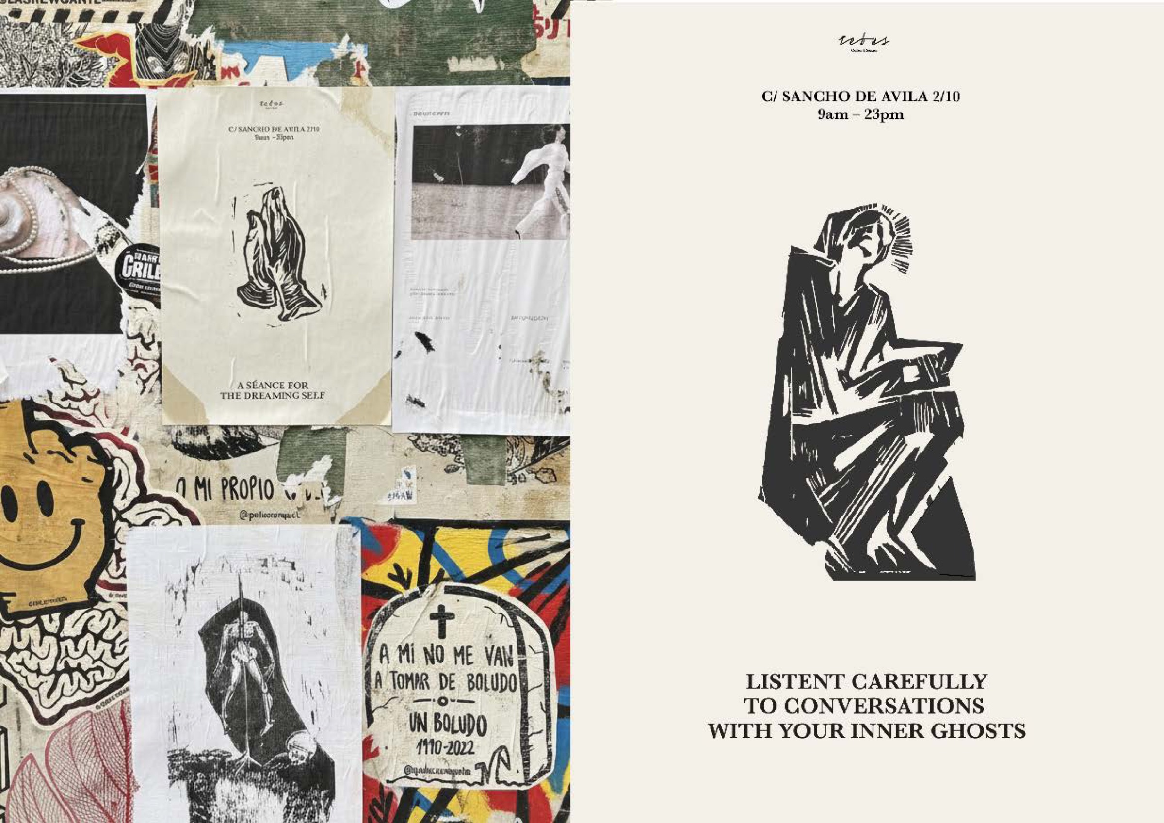 Rebus branding applied to a street poster and flyer collage